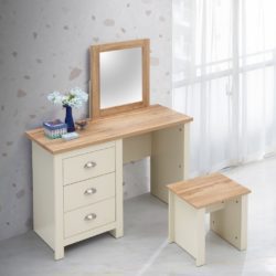 Cream Dressing Table Set with Stool and Mirror with Wooden Tops