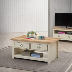 Lindsay Cream Coffee Table with Wooden Top and Drawers