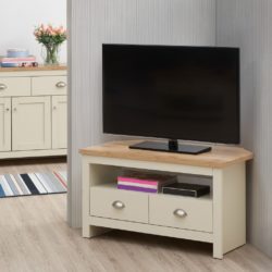 Cream Corner TV Cabinet with Wooden Top and Drawers