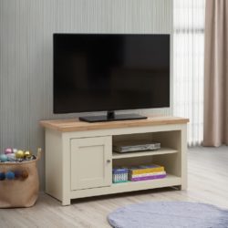 Lindsay Cream TV Cabinet Unit with Cupboard with Oak Wood Finish Top