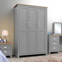 Harbour Triple Large Grey Wardrobe with Wooden Top