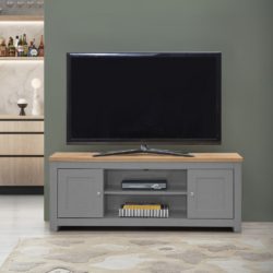 Harbour Large Grey TV Cabinet with Wooden Top and Cupboards