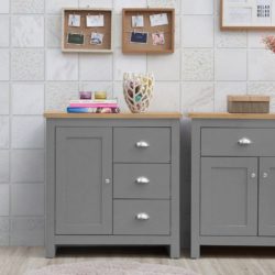 Harbour Small Grey Sideboard Cupboard with Wooden Top & Drawers