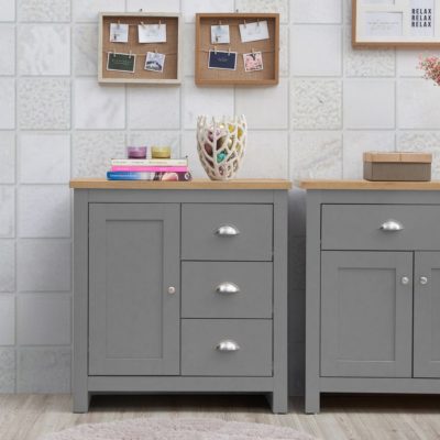 Harbour Small Grey Sideboard Cupboard with Wooden Top & Drawers