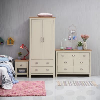 Cream and Wood Bedroom Set with Wardrobe Chest of Drawers and Bedside