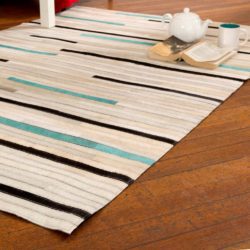 Cowhide Striped Patchwork Rug in Cream, Black & Turquoise