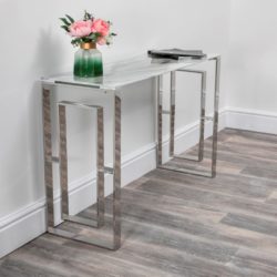 White Marbled Glass Console Table with Silver Stainless Steel Base