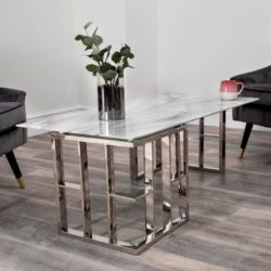 Luxury Designer White Marbled Glass Coffee Table with Silver Stainless Steel Base