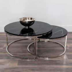 Luxury Nest of Round Black Marble Tables with Silver Steel Bases