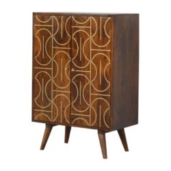 Retro Wooden Cabinet with Chestnut Finish & Abstract Gold Inlay Design