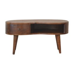 Curved Chestnut Wooden Coffee Table with Drawer in a Kidney Shape