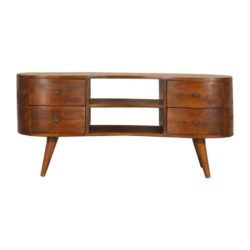 Curved Chestnut Wood TV Cabinet Unit with Drawers in a Kidney Shape