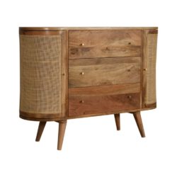 Theodore Curved Wood and Rattan Sideboard Cabinet with 3 Drawers