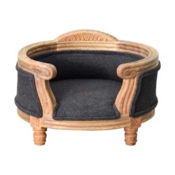 Luxury Carved Wooden Pet Bed with Grey Tweed Upholstery