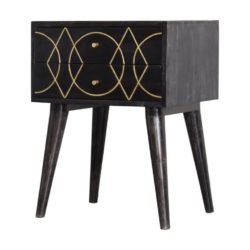 Ritzy Wooden Black Bedside Table with Brass Inlay Pattern