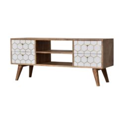 Wooden TV Cabinet Unit with White & Brass Honeycomb Patterned Drawers