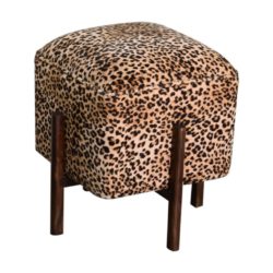 Square Velvet Leopard Print Footstool with Solid Wood Legs