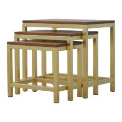 Charlington Nest of Gold Stools or Side Tables with Chestnut Wood Tops