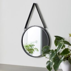 Round Black Wall Mirror with Black Leather Hanging Strap