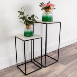 Square White Marble Plant Table with Black Metal Base - Set of 2