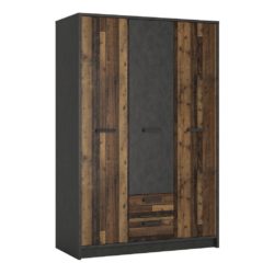 Bebington Triple Dark Wooden Wardrobe with Drawers in Rustic Industrial Style