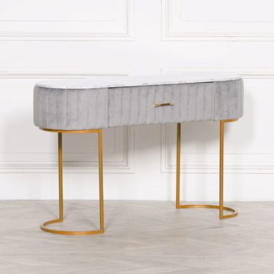 Smoke Grey Velvet Dressing Table with White Marble Top