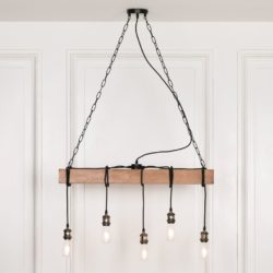 Industrial Rustic Wood Ceiling Light with Wooden Bar & 5 Hanging Bulbs