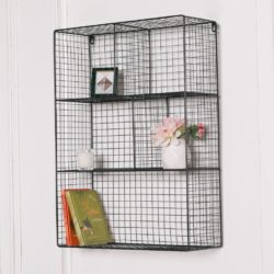 Black Wire Mesh Display Shelf with Multiple Compartments