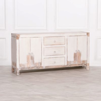Large Rustic Solid Wood Sideboard with White Distressed Finish