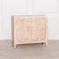 Ornate Carved Design Wooden 2 Door Cabinet with a Pale Wood Finish