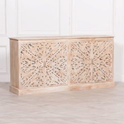 Large Ornate Carved Wooden Sideboard with Mirrored Doors & Light Wood Finish