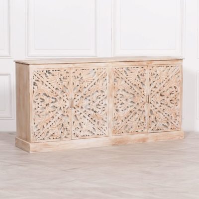 Large Ornate Carved Wooden Sideboard with Mirrored Doors & Light Wood Finish