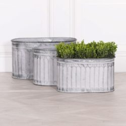 Oval Vintage Ribbed Silver Metal Garden Planter - Choice of Sizes