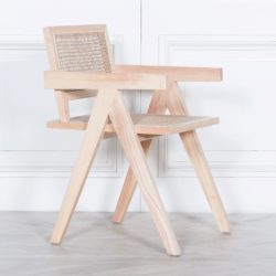 Wood and Rattan Dining Chair with Arms with Natural Finish