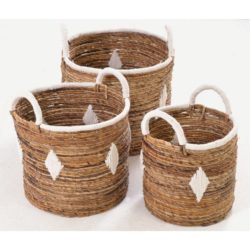 Rustic Raffia Patterned Natural Baskets with Handles - Set of 3