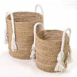 Rustic Raffia Tall Natural Baskets with White Tassel Handles - Set of 2