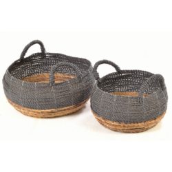 Rustic Raffia Grey & Natural Bowl Shaped Baskets with Handles - Set of 2