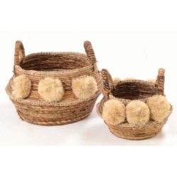 Rustic Raffia Natural Baskets with Pom Pom Detail - Set of 2