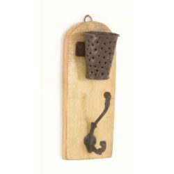 Vintage Rustic Wood & Metal Candle Wall Sconce with Coat Hook