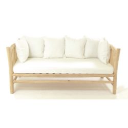 Maria 3 Seater Solid Light Teak Wood Sofa with White Cushions