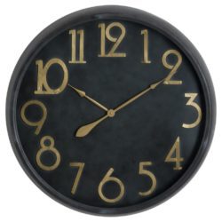 Art Deco Style Round Black Wall Clock with Brass Detail