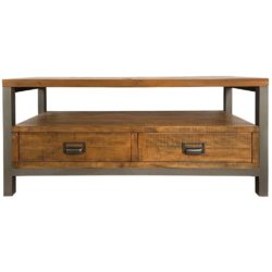 Drafter Solid Wood TV Unit with 2 Drawers & Grey Metal Legs