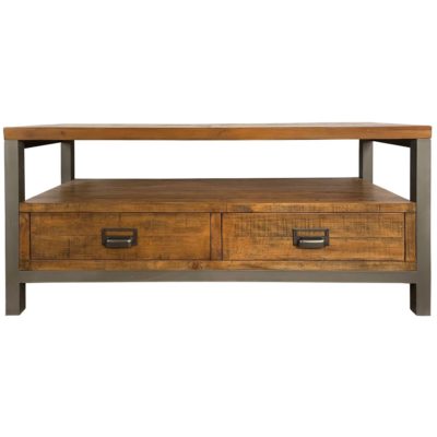 Drafter Solid Wood TV Unit with 2 Drawers & Grey Metal Legs