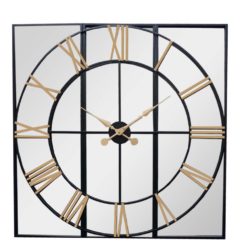 Square Mirrored Glass Wall Clock with Black Skeleton Design