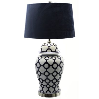 Patterned Navy Blue and White Table Lamp with Blue Velvet Shade