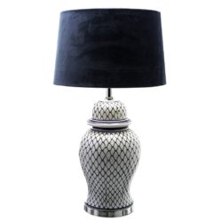 Net Pattern Navy Blue and White Table Lamp with Blue Velvet Shade