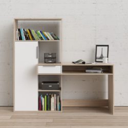 Fulton Modern Large Wooden Desk Workstation with Shelves, Storage & White Accent