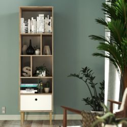 Astrid Modern Light Oak Tall Slim Bookcase with White Drawer