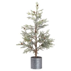 Faux Christmas Fir Tree with Pine Cones in Tin Pot