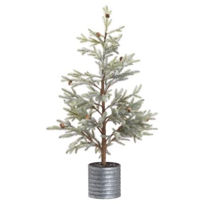 Faux Christmas Fir Tree with Pine Cones in Tin Pot